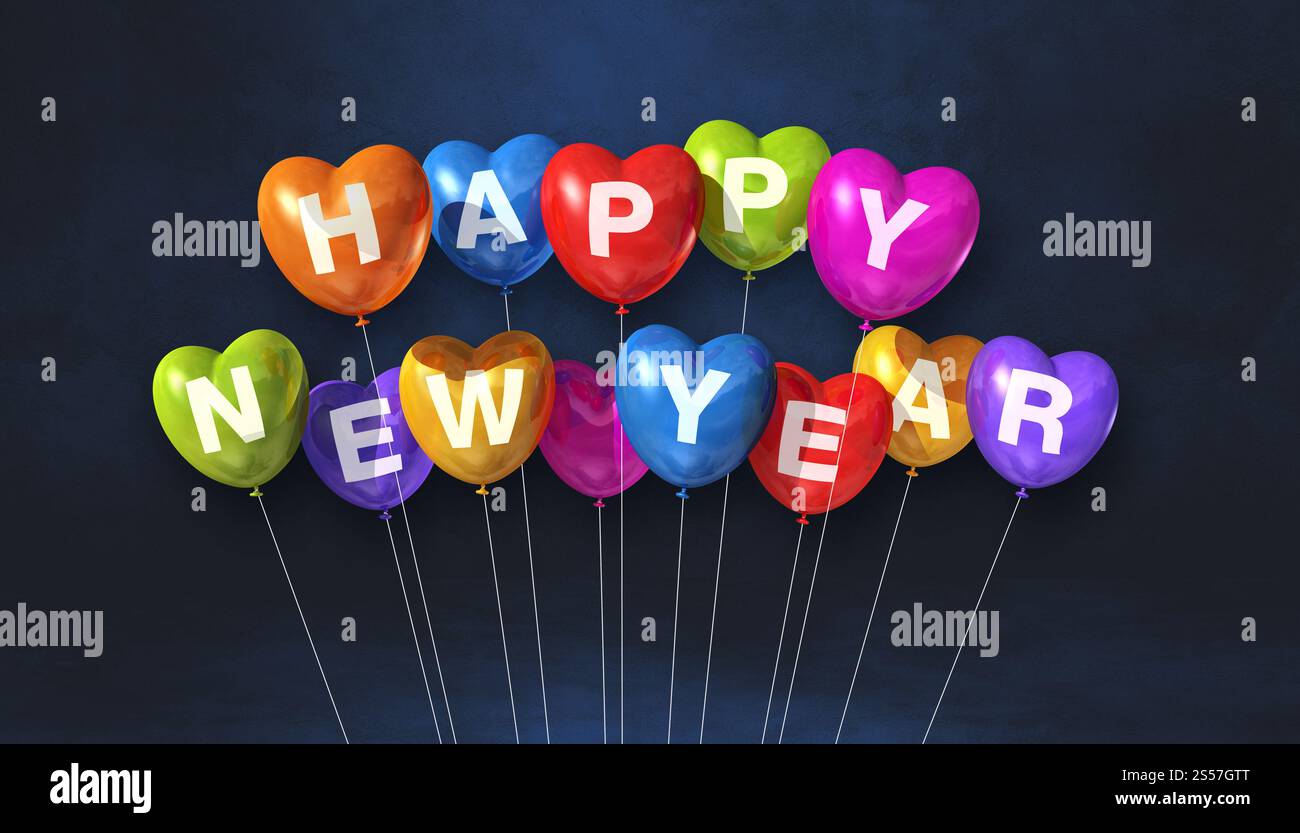 Farbenfrohe Ballons in Herzform auf schwarzem Betonhintergrund. Horizontales Banner. 3D-Illustrationen rendern. Farbenfrohe, fröhliche Neujahrsstimmung Stockfoto