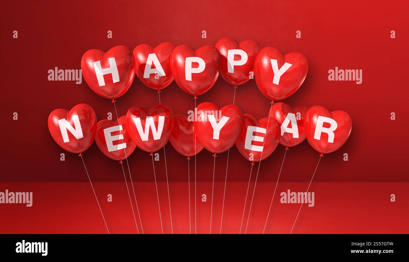 Happy New Year Ballons in Herzform auf rotem Betonhintergrund. Horizontales Banner. 3D-Illustrationen rendern. Happy New Year Ballons in Herzform auf A Stockfoto