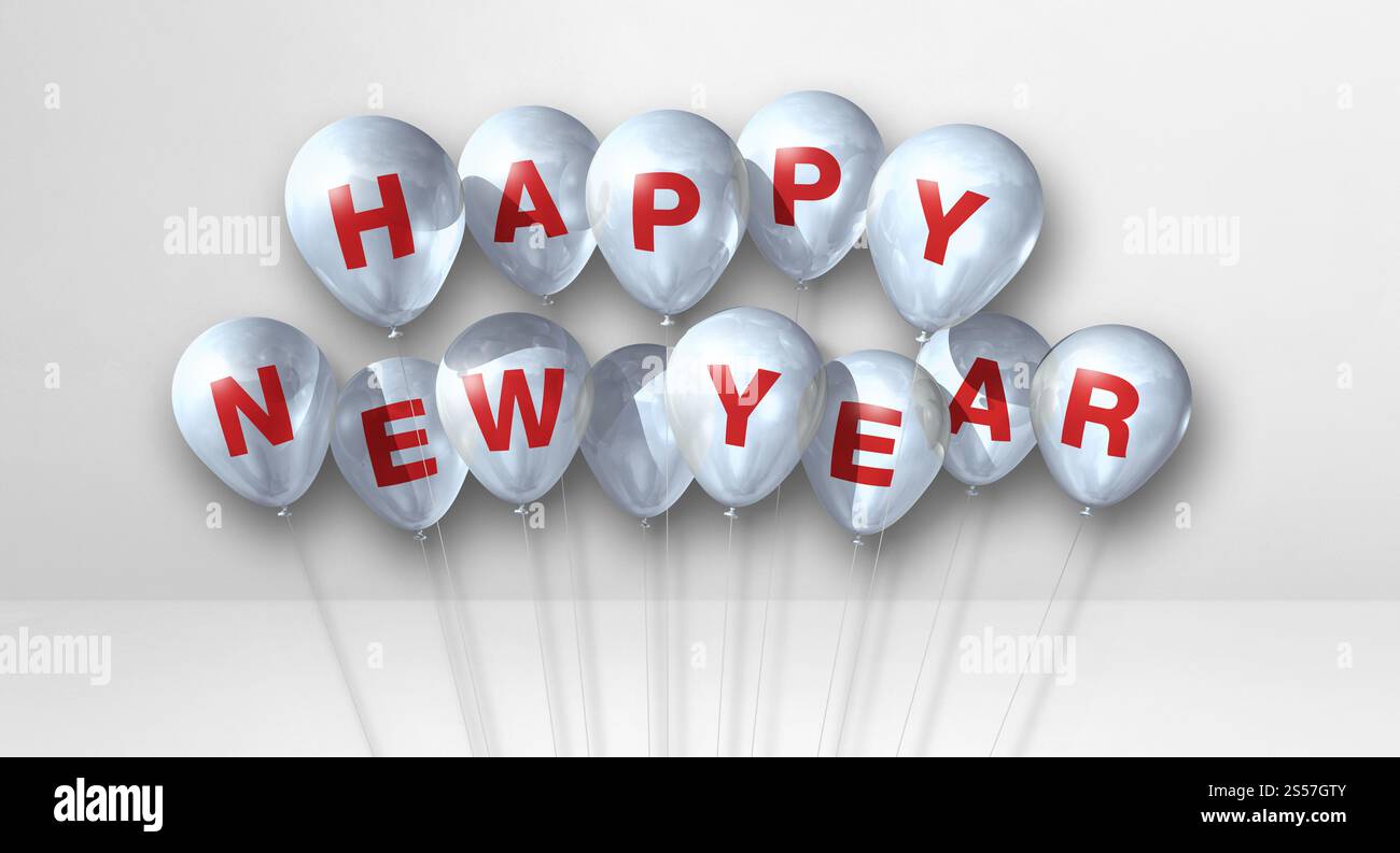 Ein Happy New Year Ballons auf weißem Betonhintergrund. Horizontales Banner. 3D-Illustrationen rendern. Ballons für das neue Jahr auf weißem Beton Stockfoto