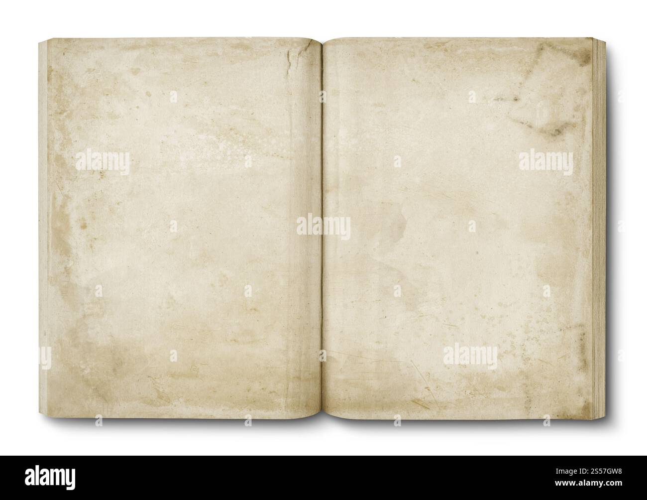 Altes beflecktes offenes Buch, isoliert auf weiß. Altes, fleckiges offenes Buch Stockfoto