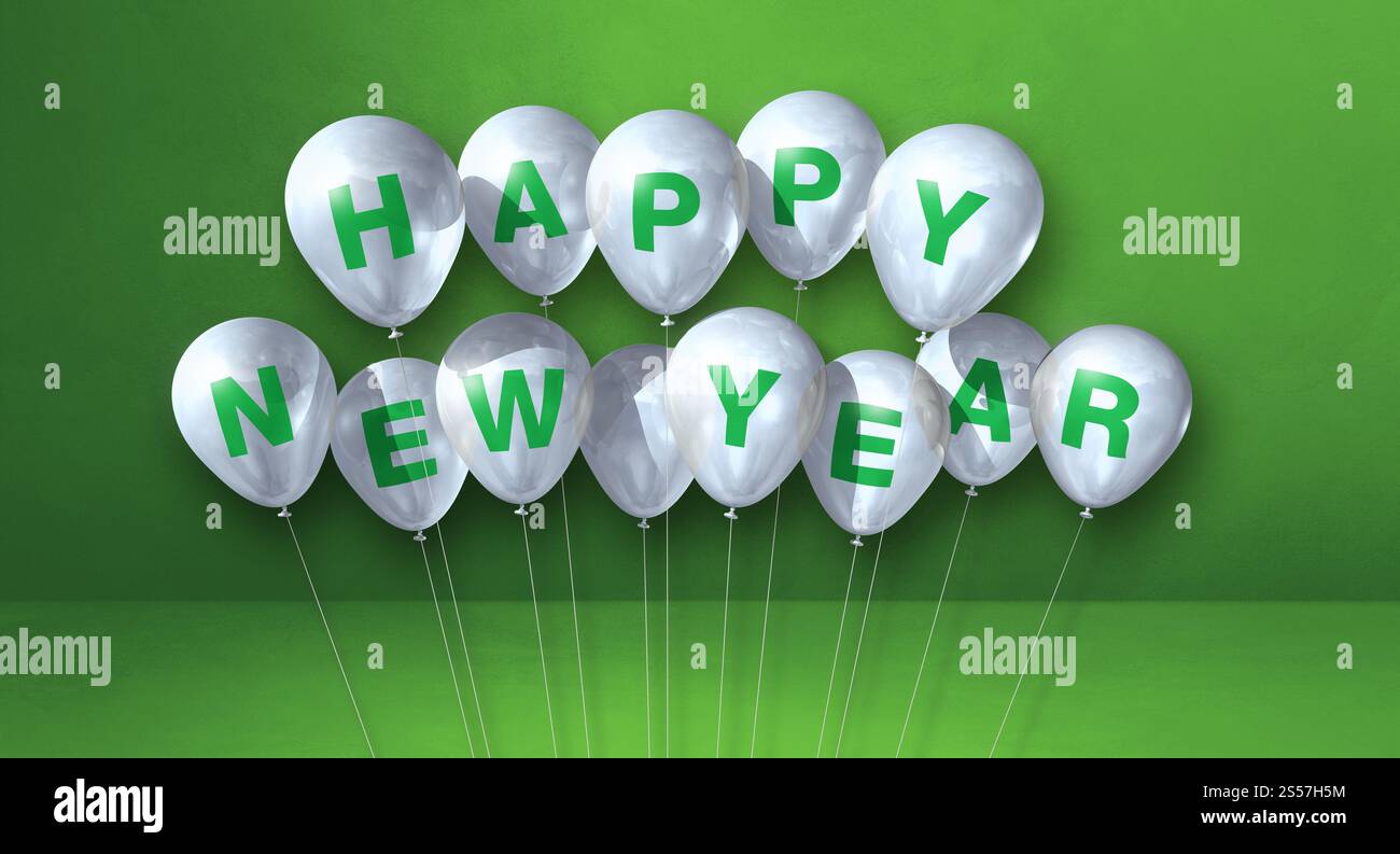 Weiße Ballons zum glücklichen neuen Jahr auf grünem Betonhintergrund. Horizontales Banner. 3D-Illustrationen rendern. Weiße Ballons für das neue Jahr auf A Stockfoto