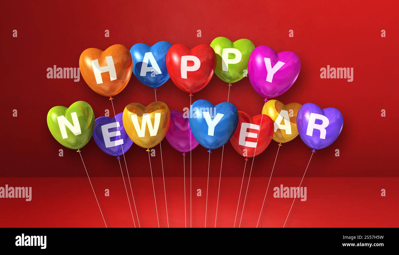 Farbenfrohe Ballons in Herzform auf rotem Betonhintergrund. Horizontales Banner. 3D-Illustrationen rendern. Farbenfrohe, fröhliche Neujahrsstimmung Stockfoto