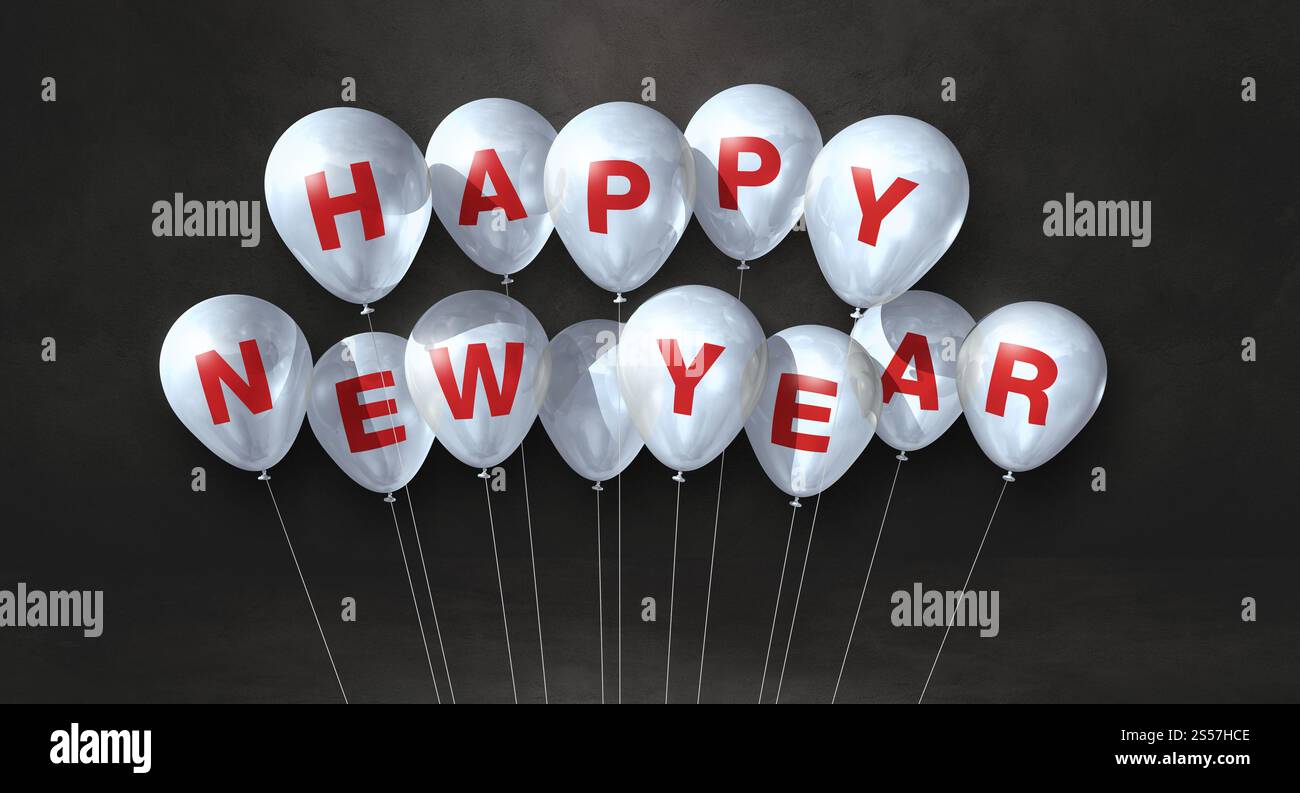 Weiße Happy New Year Ballons auf schwarzem Betonhintergrund. Horizontales Banner. 3D-Illustrationen rendern. Weiße Ballons für das neue Jahr auf A Stockfoto