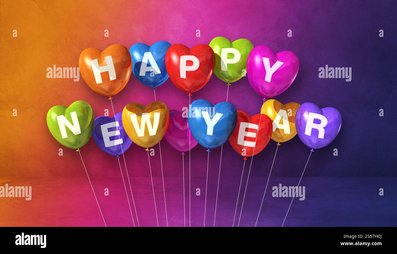 Farbenfrohe Ballons in Herzform auf Regenbogenhintergrund. Horizontales Banner. 3D-Illustrationen rendern. Farbenfrohe Herzform für das neue Jahr Stockfoto