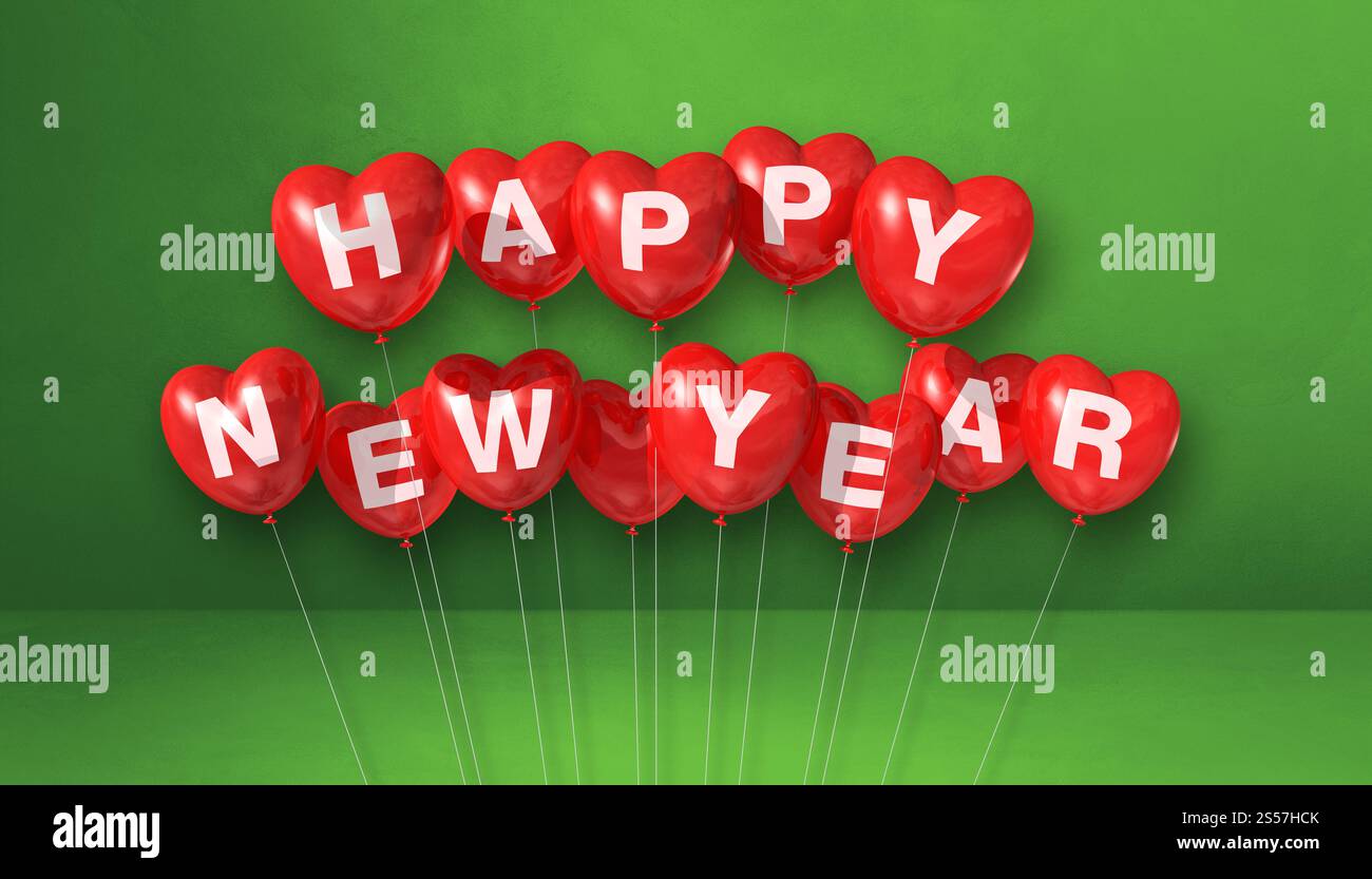 Rote Ballons in Herzform auf grünem Betonhintergrund. Horizontales Banner. 3D-Illustrationen rendern. Rote Happy New Year Herzform Stockfoto