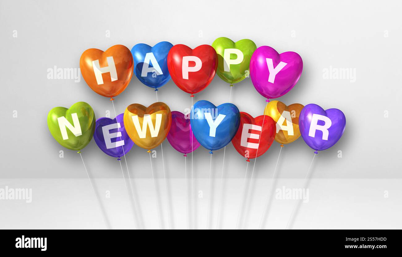 Farbenfrohe Ballons in Herzform auf weißem Betonhintergrund. Horizontales Banner. 3D-Illustrationen rendern. Farbenfrohe, fröhliche Neujahrsstimmung Stockfoto