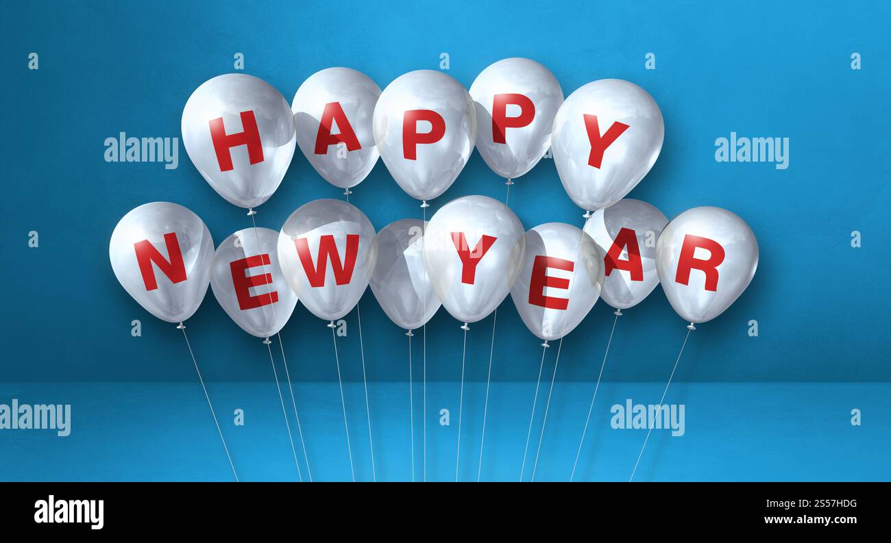 Weiße Ballons zum glücklichen neuen Jahr auf blauem Betonhintergrund. Horizontales Banner. 3D-Illustrationen rendern. Weiße Ballons für das neue Jahr auf einem Blau Stockfoto