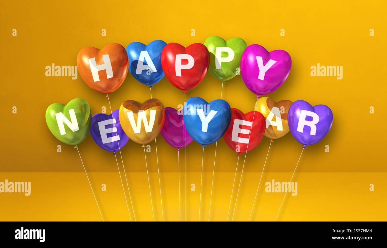 Farbenfrohe Ballons in Herzform auf gelbem Betonhintergrund. Horizontales Banner. 3D-Illustrationen rendern. Farbenfroher Happy New Year Stockfoto