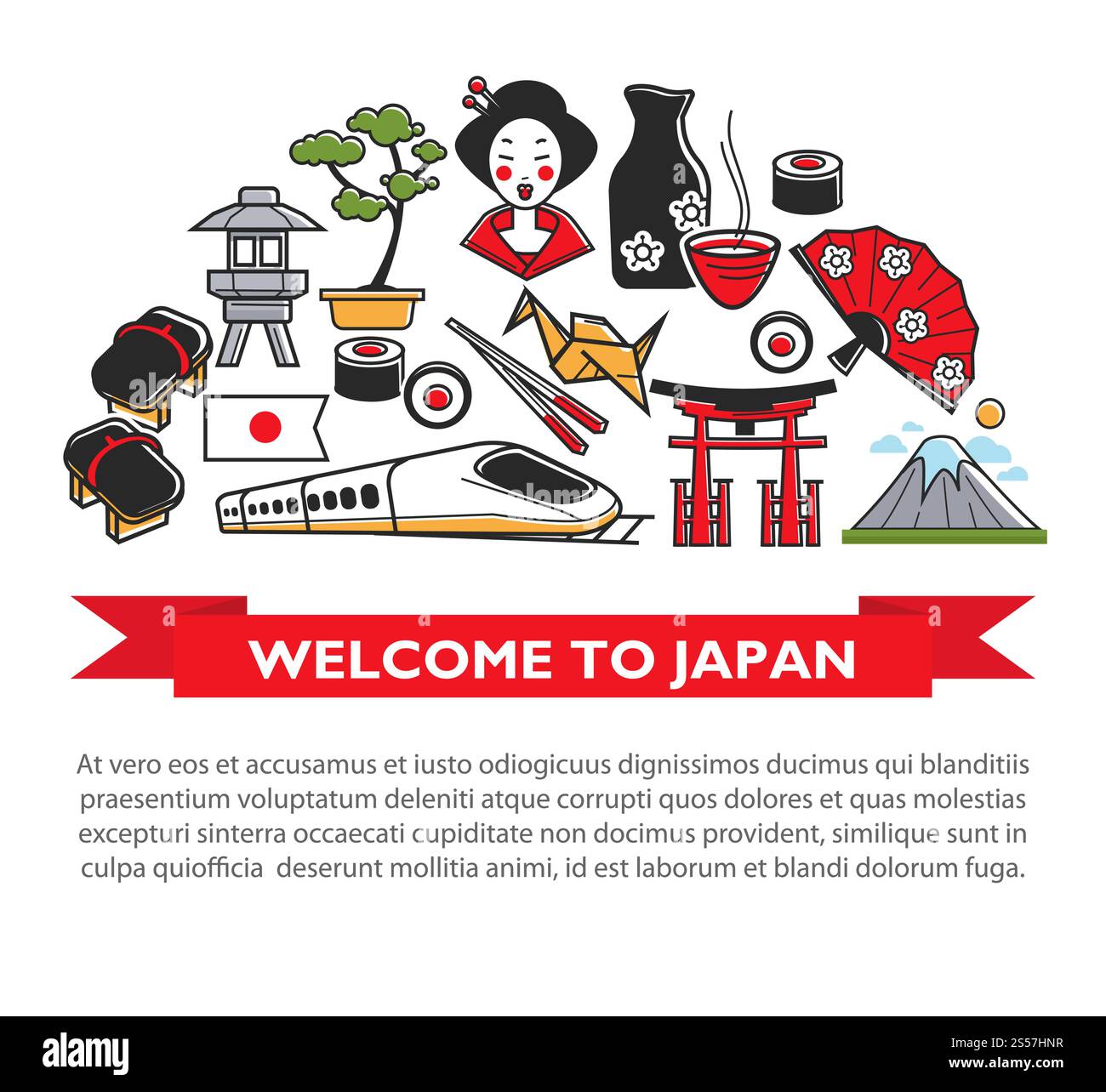 Willkommen bei Japan-Reiseplakat mit berühmten japanischen Wahrzeichen und kulturellen Sehenswürdigkeiten. Vektor Japanische Flagge, Mount Fuji und Geisha Frau Kimono, Sushi Essen Essstäbchen. Willkommen im Japan-Reiseposter mit berühmten Sehenswürdigkeiten und Sehenswürdigkeiten der japanischen Kultur Stock Vektor