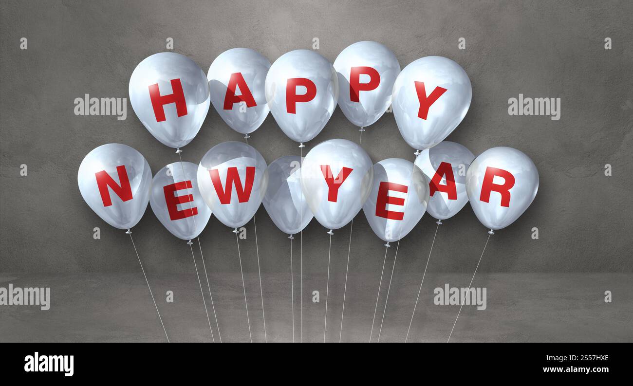 Weiße Happy New Year Ballons auf grauem Betonhintergrund. Horizontales Banner. 3D-Illustrationen rendern. Weiße Ballons für das neue Jahr auf einem Grau Stockfoto