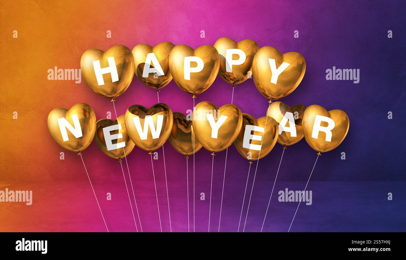 Goldene Ballons in Herzform auf Regenbogenhintergrund. Horizontales Banner. 3D-Illustrationen rendern. Goldene Ballons in Herzform zum guten neuen Jahr Stockfoto