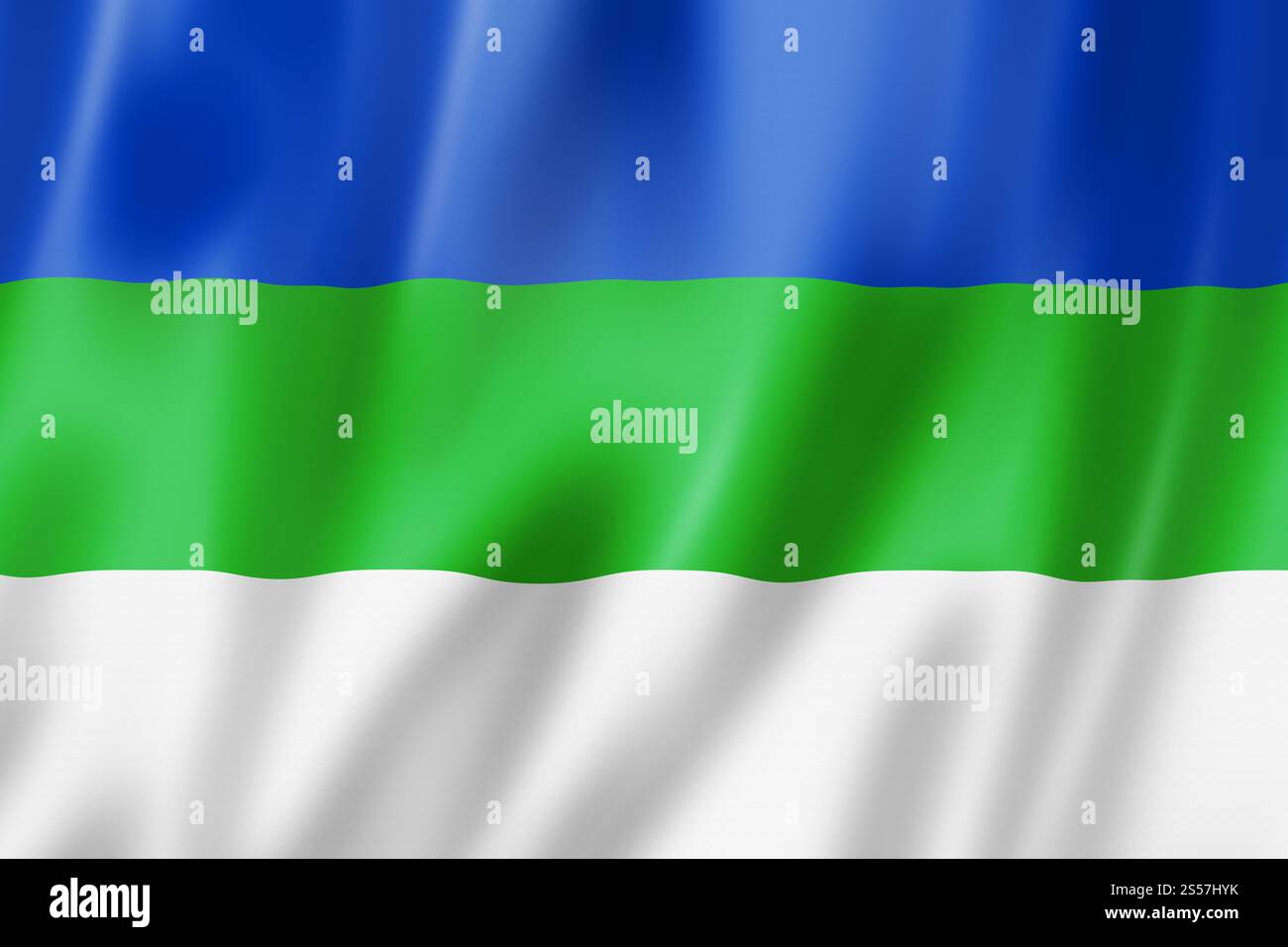 Bundesstaat Komi - Republik - Flagge, Russland schwenkende Bannersammlung. 3D-Abbildung. Bundesstaat Komi - Republik - Flagge, Russland Stockfoto