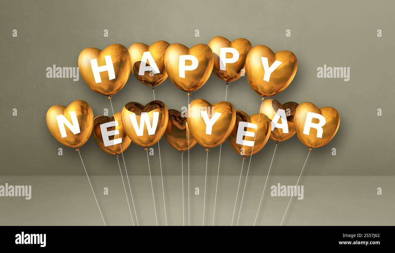 Goldene Ballons in Herzform auf grauem Betonhintergrund. Horizontales Banner. 3D-Illustrationen rendern. Goldene Herzform für ein glückliches neues Jahr Stockfoto