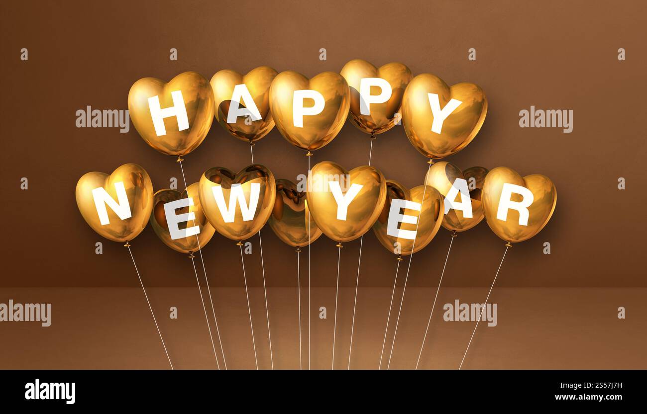 Goldene Ballons in Herzform auf braunem Betonhintergrund. Horizontales Banner. 3D-Illustrationen rendern. Goldene Herzform für ein glückliches neues Jahr Stockfoto