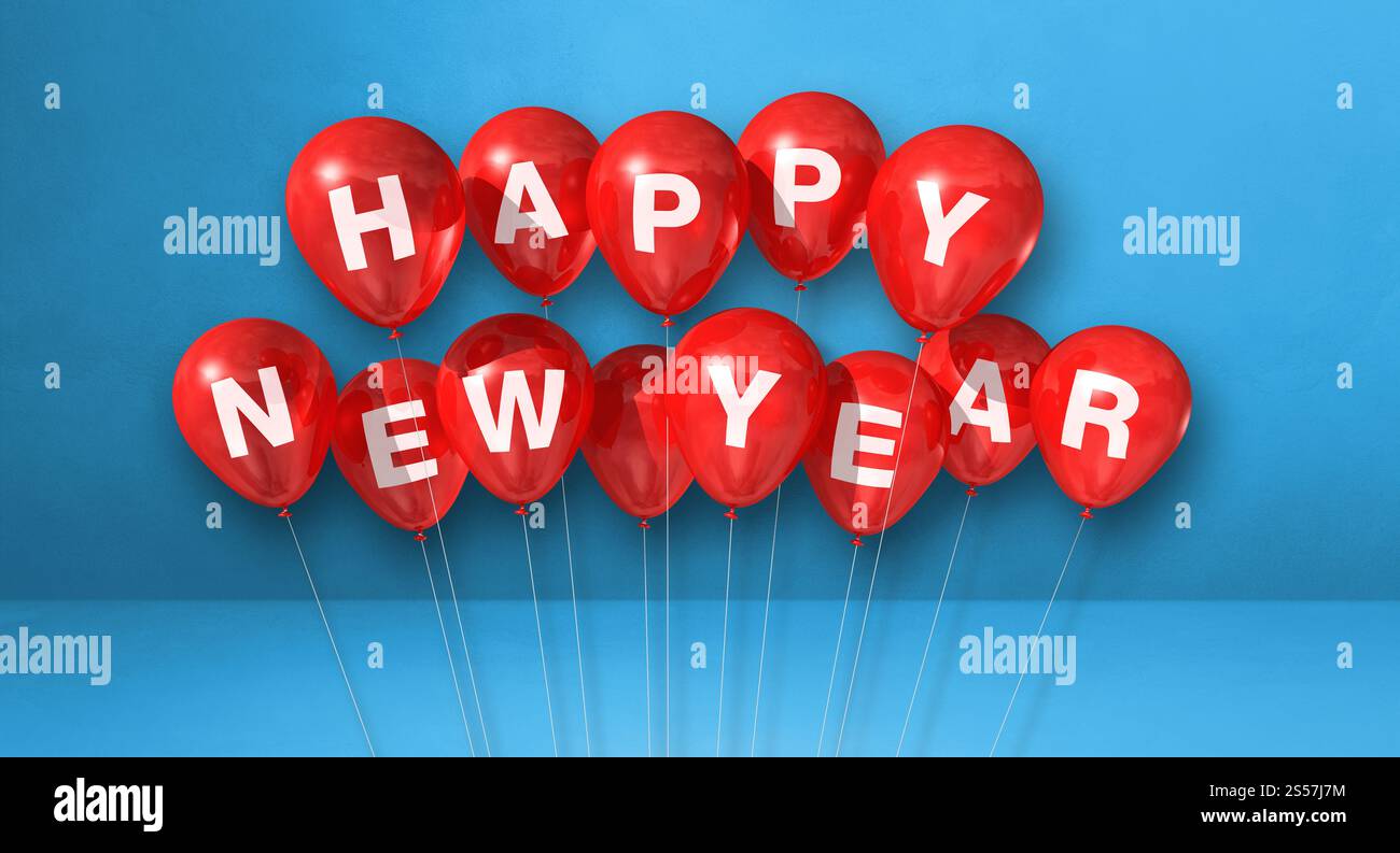 Rote Happy New Year Ballons auf blauem Betonhintergrund. Horizontales Banner. 3D-Illustrationen rendern. Rote Happy New Year Ballons auf einem Blau Stockfoto