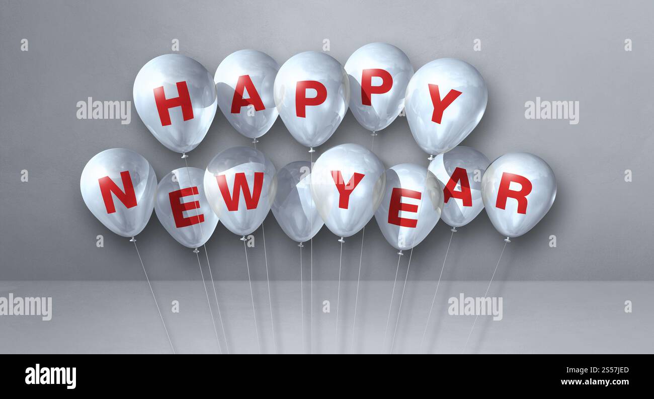 Weiße Happy New Year Ballons auf grauem Betonhintergrund. Horizontales Banner. 3D-Illustrationen rendern. Weiße Ballons für das neue Jahr auf einem Grau Stockfoto