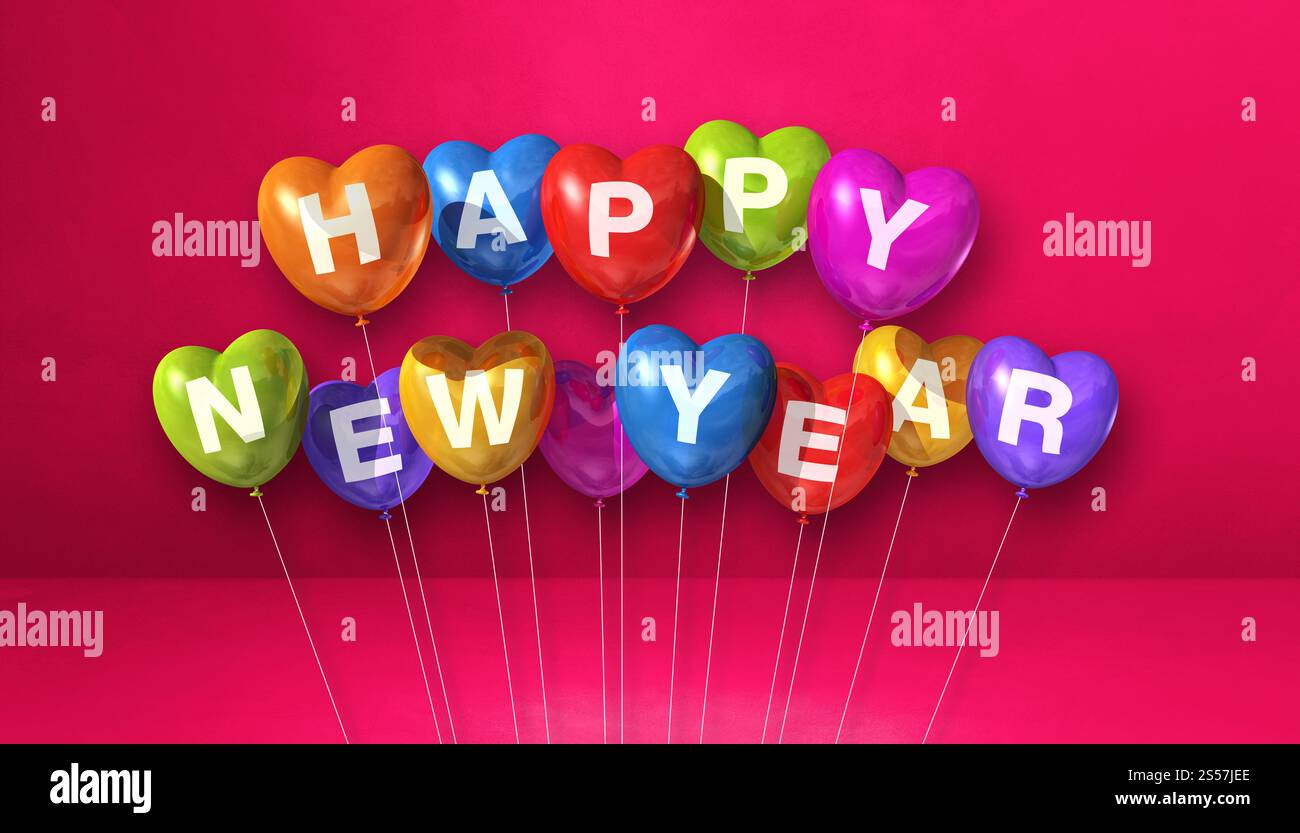 Farbenfrohe Ballons in Herzform auf rosa Betonhintergrund. Horizontales Banner. 3D-Illustrationen rendern. Farbenfrohe, fröhliche Neujahrsstimmung Stockfoto