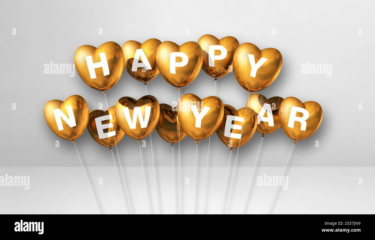 Goldene Ballons in Herzform auf weißem Betonhintergrund. Horizontales Banner. 3D-Illustrationen rendern. Goldene Herzform für ein glückliches neues Jahr Stockfoto