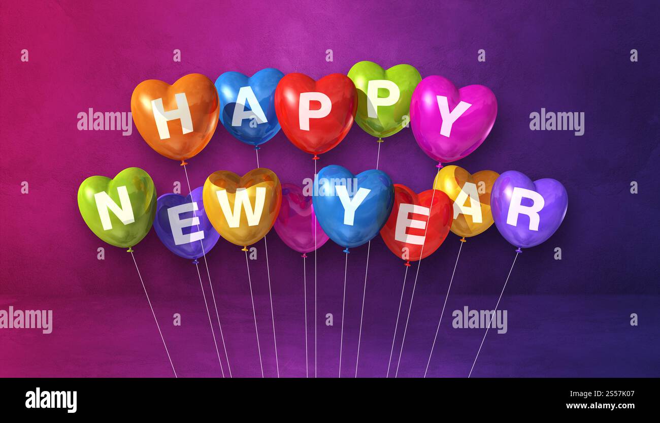 Farbenfrohe Ballons in Herzform auf einem violetten Betonhintergrund. Horizontales Banner. 3D-Illustrationen rendern. Farbenfroher Happy New Year Stockfoto