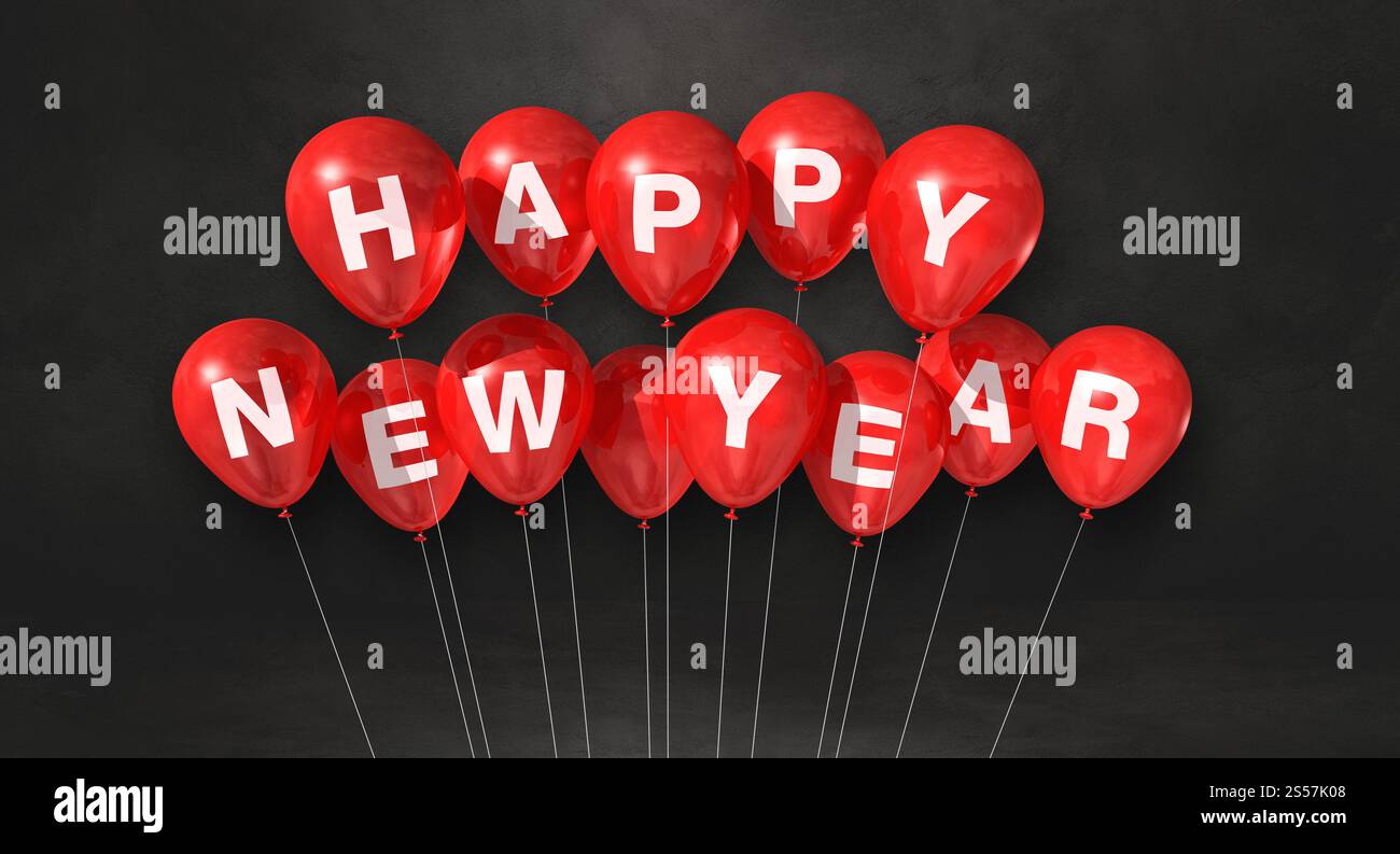 Rote Happy New Year Ballons auf schwarzem Betonhintergrund. Horizontales Banner. 3D-Illustrationen rendern. Rote Happy New Year Ballons auf einem schwarzen Stockfoto