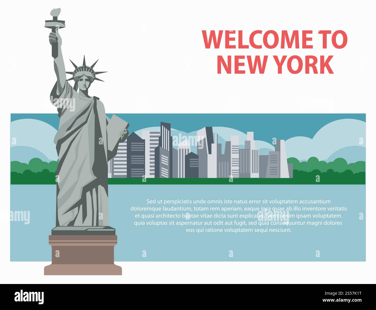 Willkommen auf dem New Yorker Poster für die USA Travel of America berühmte Wahrzeichen und Touristenattraktionen, die Freiheitsstatue und die Skyline des Central Parks. Vektorbanner. Willkommen auf dem New Yorker Poster für die USA-Reise durch Amerika berühmte Wahrzeichen und Touristenattraktionen Stock Vektor