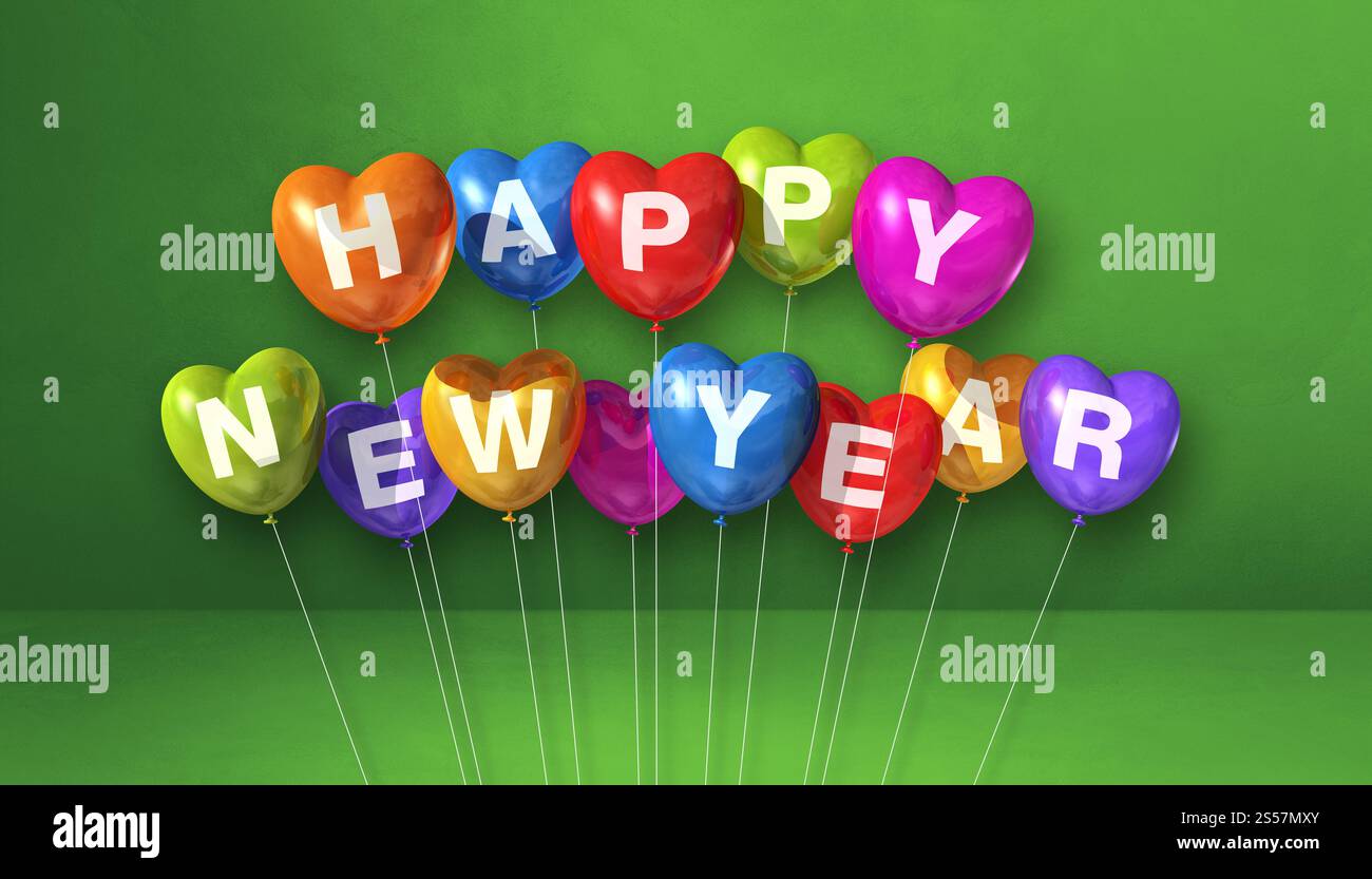 Farbenfrohe Ballons in Herzform auf grünem Betonhintergrund. Horizontales Banner. 3D-Illustrationen rendern. Farbenfrohe, fröhliche Neujahrsstimmung Stockfoto