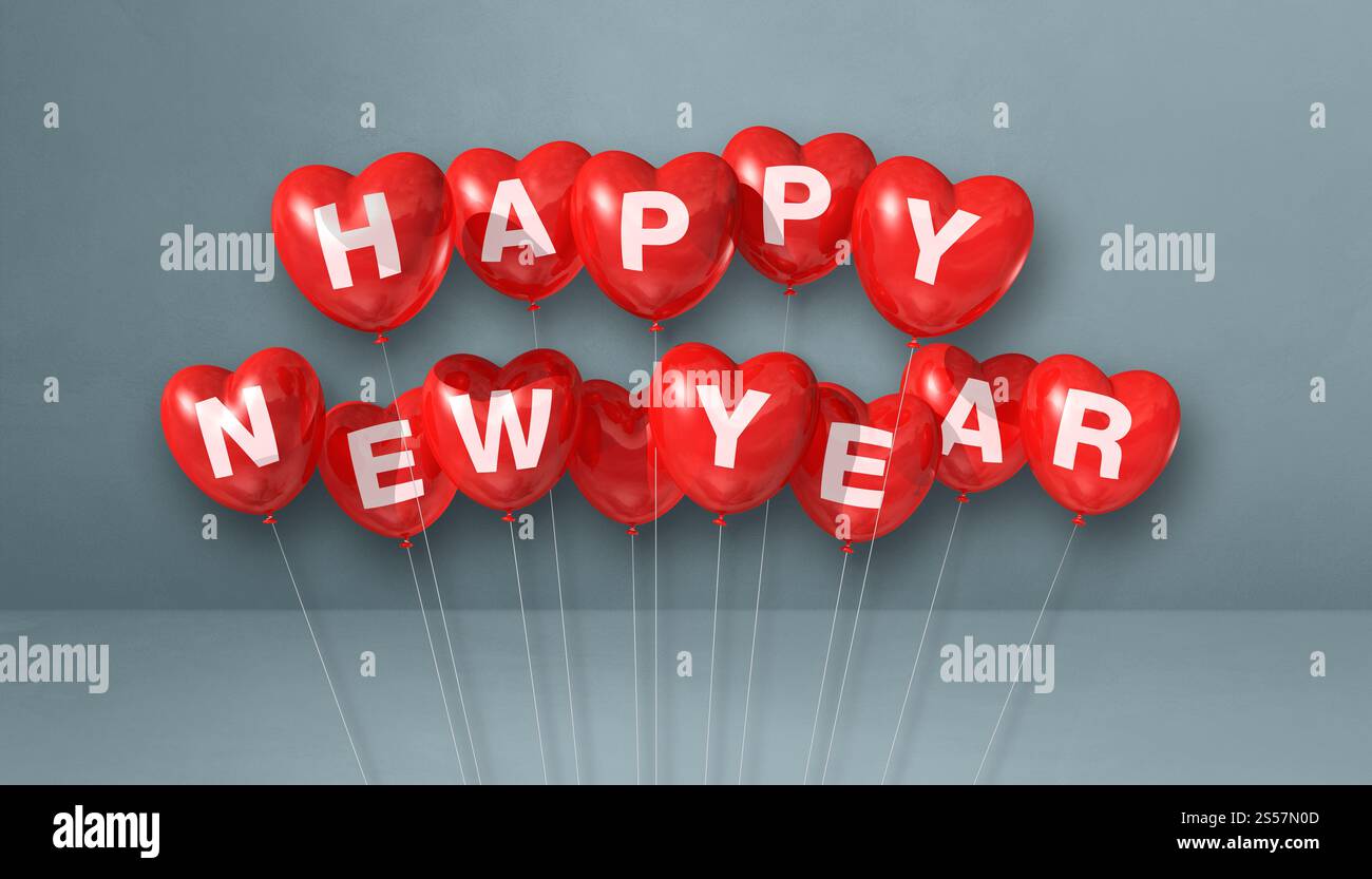 Rote Ballons in Herzform auf grauem Betonhintergrund. Horizontales Banner. 3D-Illustrationen rendern. Rote Happy New Year Herzform Stockfoto
