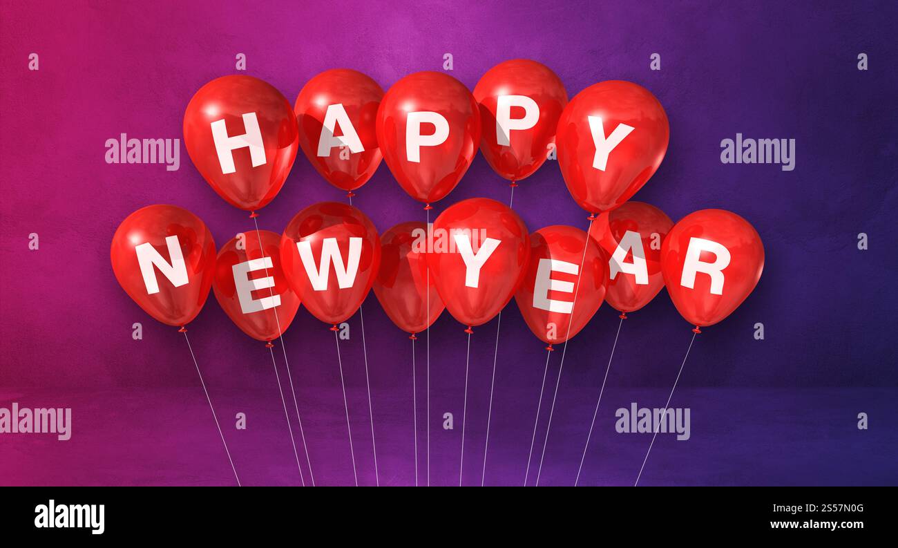 Rote Happy New Year Ballons auf einem violetten Betonhintergrund. Horizontales Banner. 3D-Illustrationen rendern. Rote Happy New Year Ballons auf einem lila Stockfoto