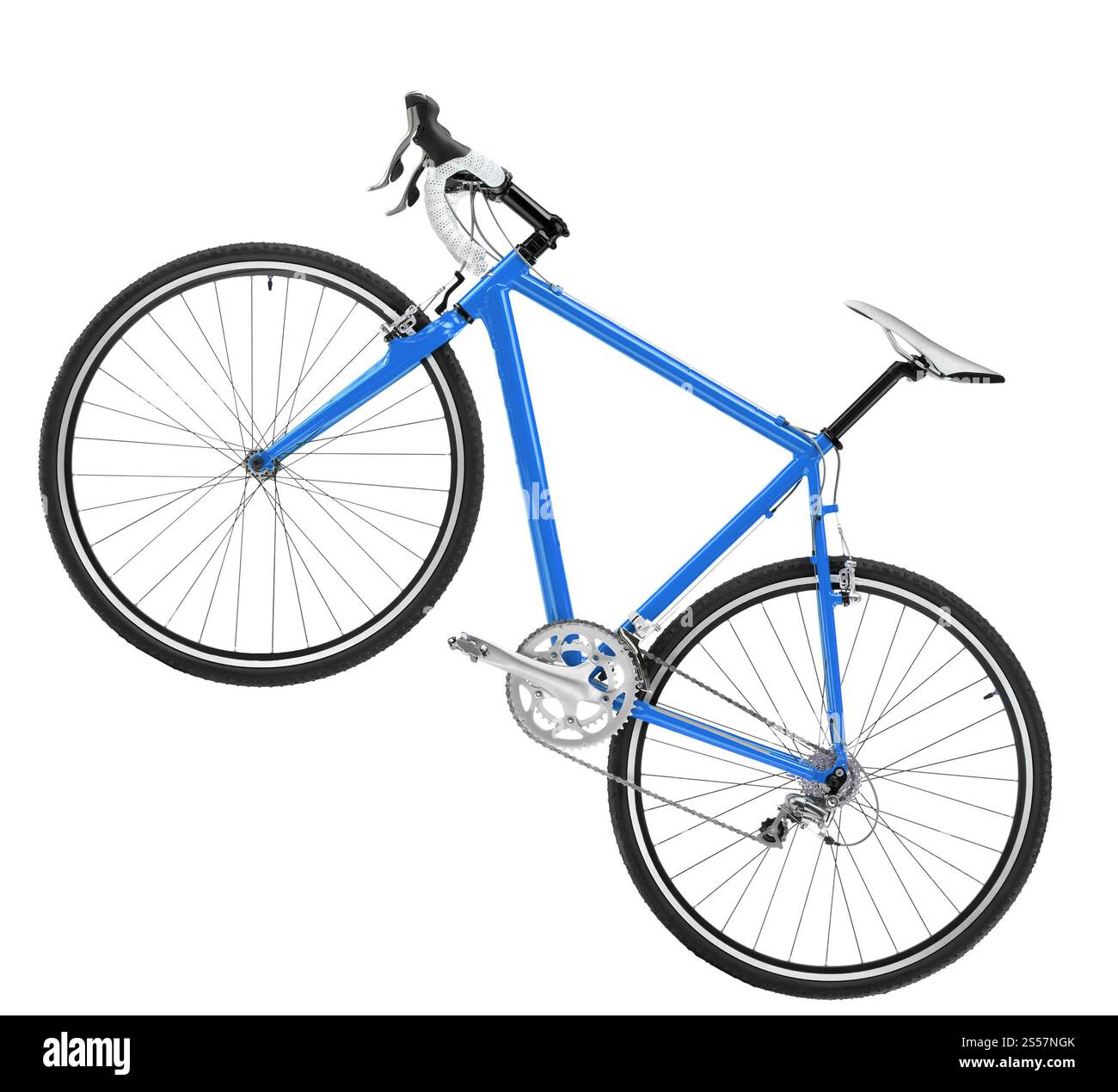 Blaues Sportfahrrad auf weißem Hintergrund. Blaues Sportfahrrad Stockfoto