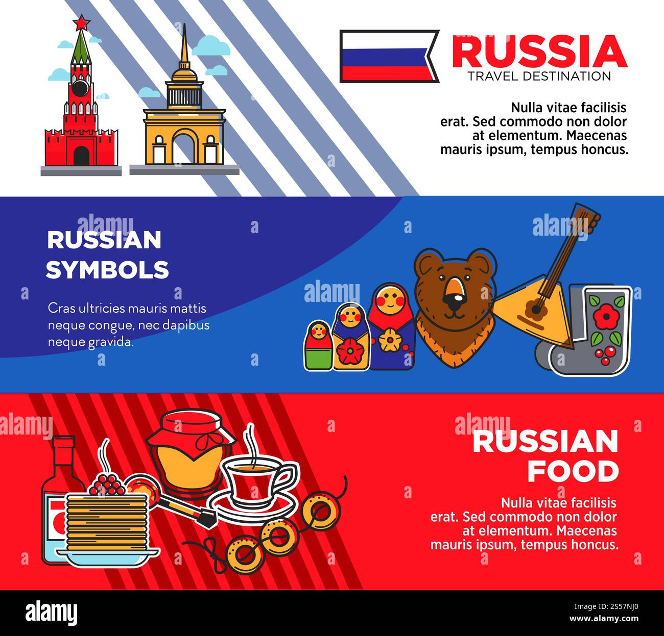 Werbeplakate für Reiseziele Russland mit Ländersymbolen und Lebensmitteln. Authentische Architektur, nationale Attribute und köstliche Küche auf Reisebüro Banner Cartoon Vektor Illustrationen.. Werbeplakate für Reiseziele Russland mit Ländersymbolen und Lebensmitteln Stock Vektor