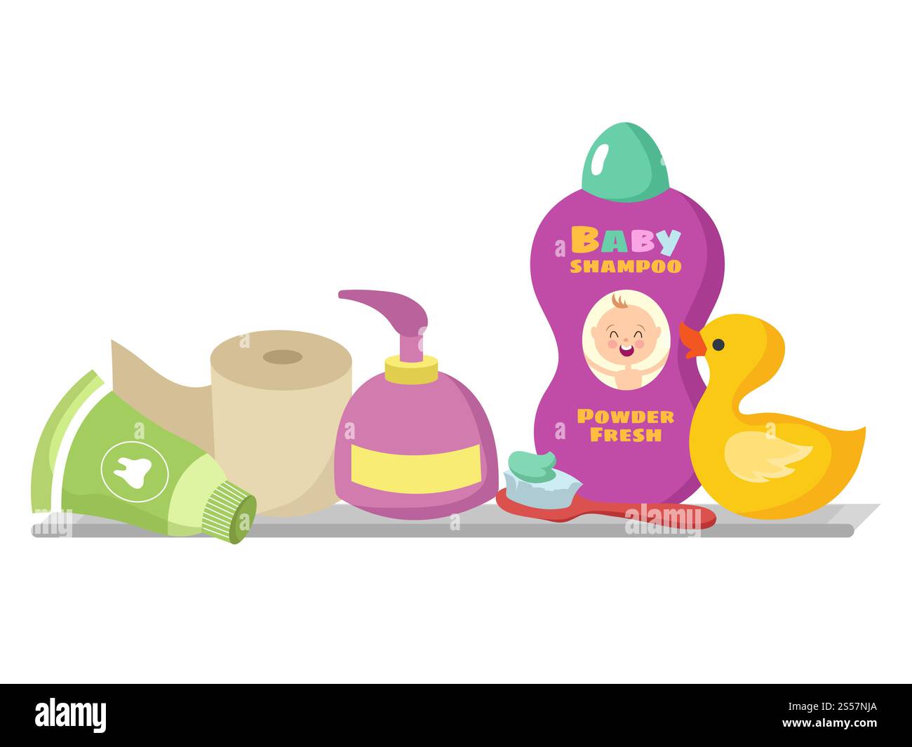 Familienbadezimmer mit Shampoo, Toilettenpapier, Zahnbürste isoliert auf weißem Hintergrund. Vektorabbildung. Badezimmerregal mit Shampooflasche, Toilettenpapier Stock Vektor