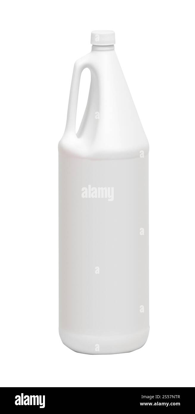 Weiße Kunststoffflasche isoliert auf weißem Hintergrund. Weiße Kunststoffflasche isoliert Stockfoto