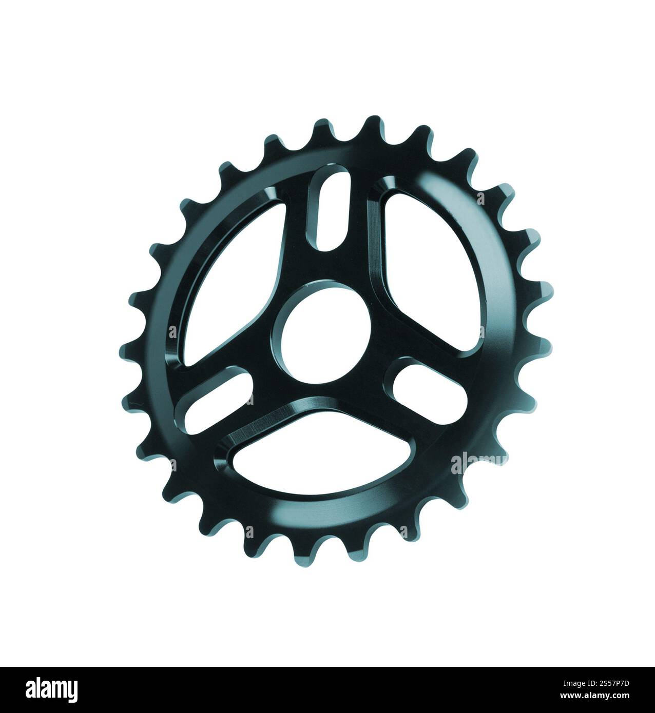 Fahrradausrüstung, Zahnrad aus Metall isoliert auf weißem Hintergrund. Fahrradausrüstung, Zahnrad aus Metall Stockfoto