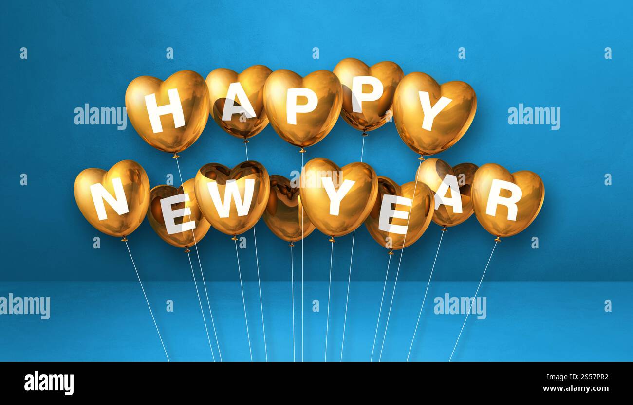 Goldene Ballons in Herzform auf blauem Betonhintergrund. Horizontales Banner. 3D-Illustrationen rendern. Goldene Herzform für ein glückliches neues Jahr Stockfoto
