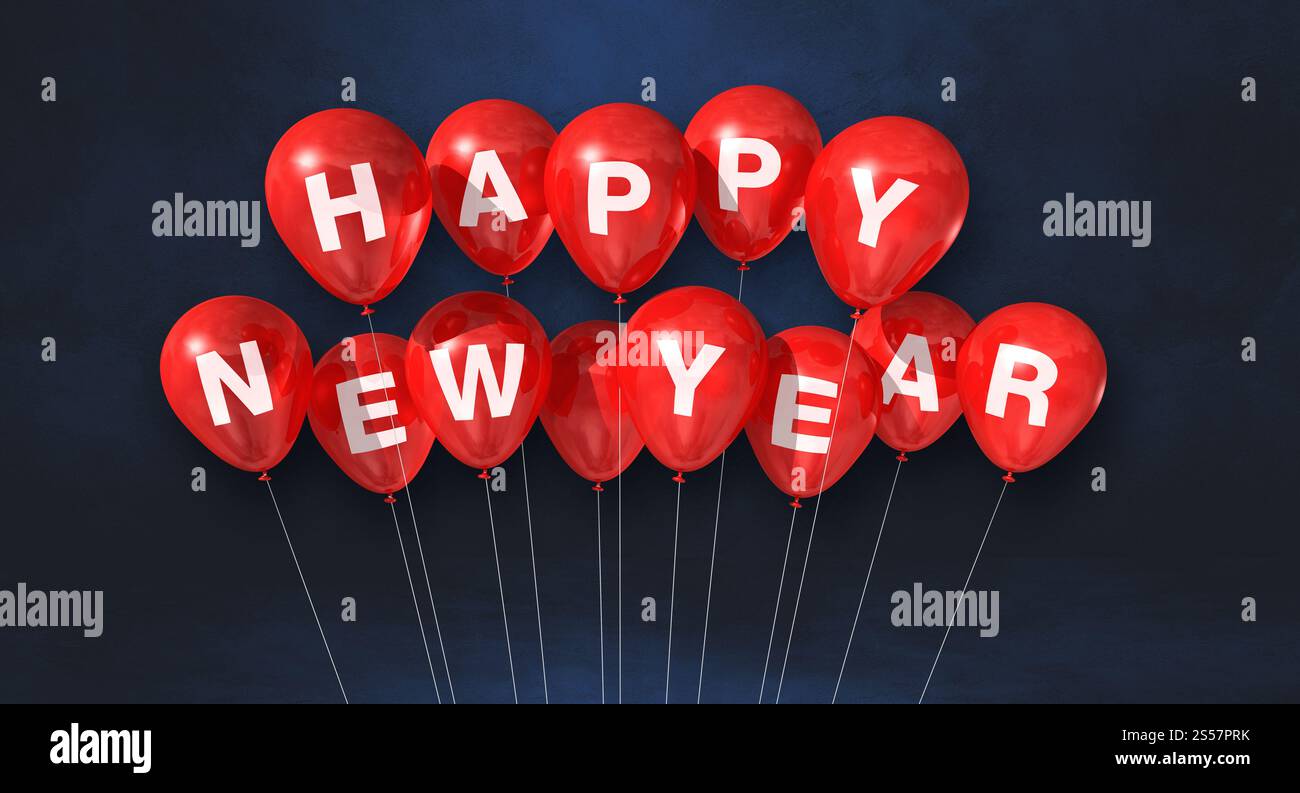 Rote Happy New Year Ballons auf schwarzem Betonhintergrund. Horizontales Banner. 3D-Illustrationen rendern. Rote Happy New Year Ballons auf einem schwarzen Stockfoto