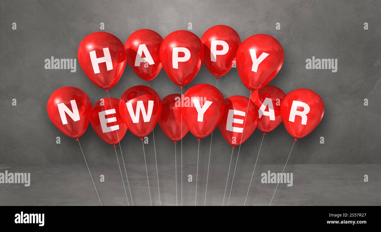 Rote Happy New Year Ballons auf grauem Betonhintergrund. Horizontales Banner. 3D-Illustrationen rendern. Rote Happy New Year Ballons auf einem Grau Stockfoto