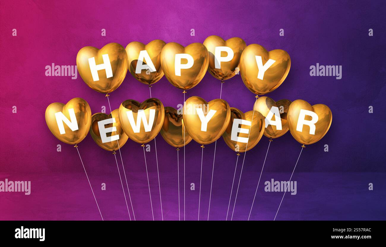 Goldene Ballons in Herzform auf violettem Betonhintergrund. Horizontales Banner. 3D-Illustrationen rendern. Goldene Herzform für ein glückliches neues Jahr Stockfoto