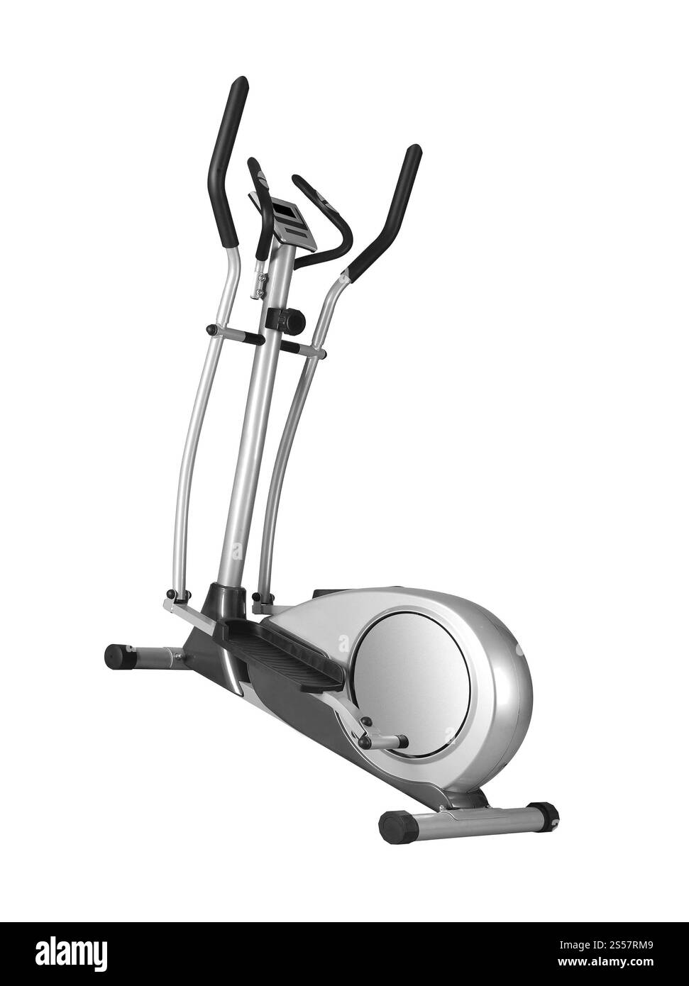 Stationäres Trainingsfahrrad isoliert auf weißem Hintergrund. Stationäres Trainingsfahrrad Stockfoto