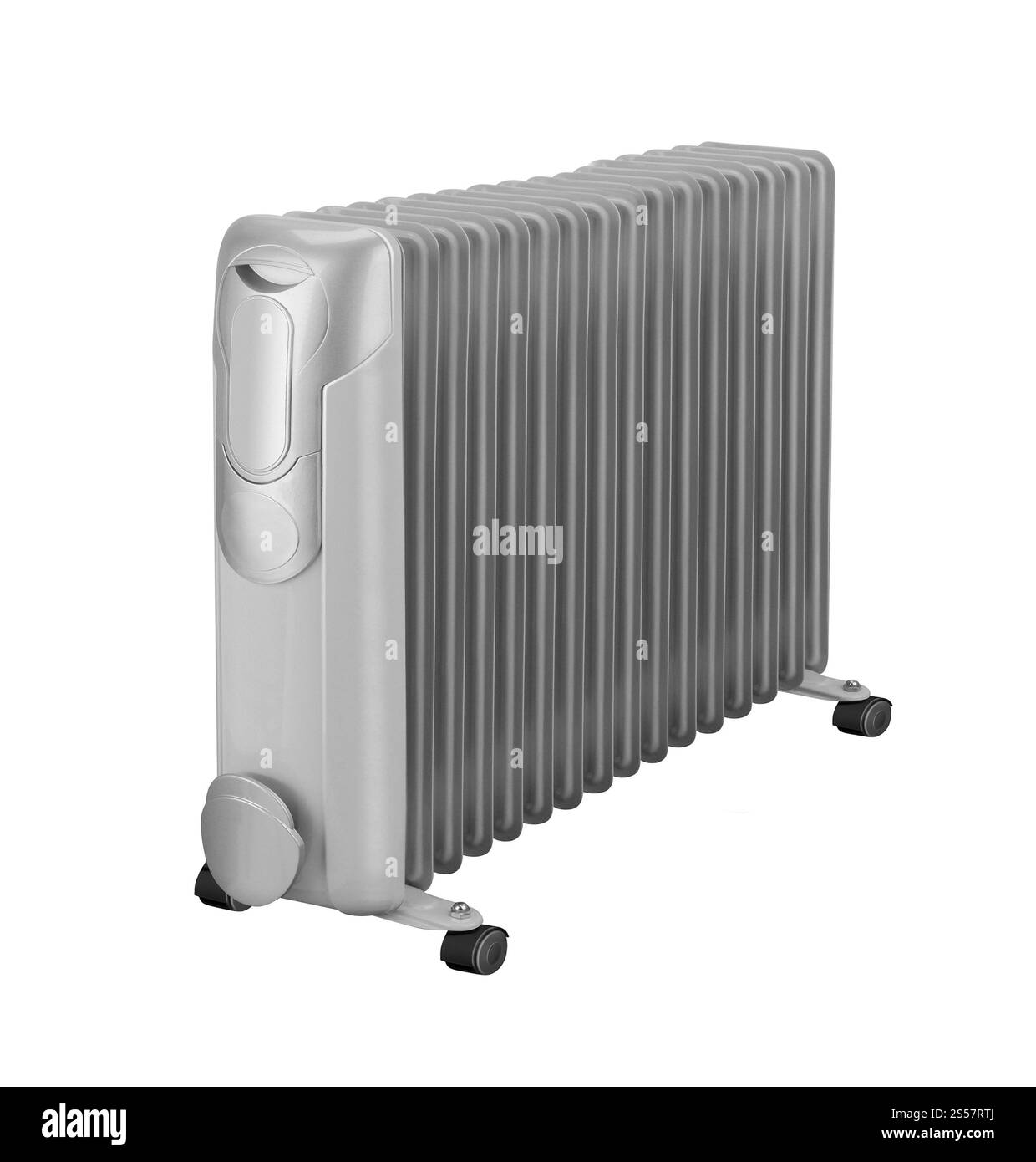 Elektrische Ölheizung isoliert auf weißem Hintergrund. Elektrische Ölheizung isoliert Stockfoto
