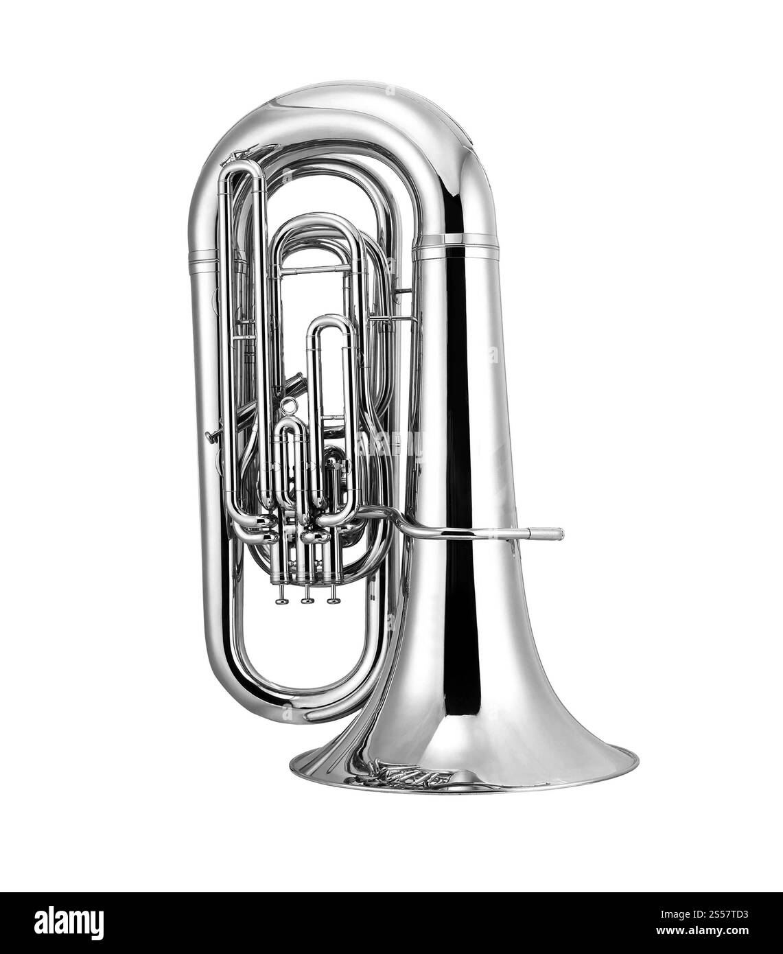 Silberne Tuba isoliert auf weißem Hintergrund. Silbertuba isoliert Stockfoto