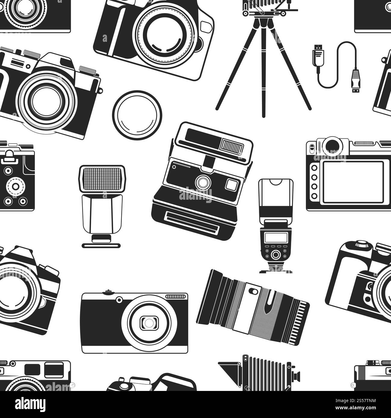 Kamerafotografie, tragbare Geräte des alten Stils für Fotografen nahtlose Mustervektor. Einfarbige Symbole für optische Objektive und Objektive für gute Fotos. Fotografie Kunst und. Kamerafotografie, tragbare Geräte des alten Stils für Fotografen nahtlose Mustervektor. Stock Vektor