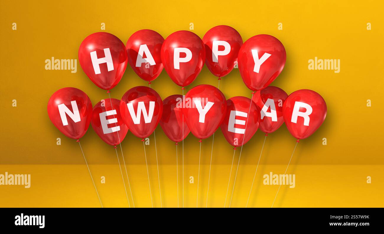 Rote Happy New Year Ballons auf gelbem Betonhintergrund. Horizontales Banner. 3D-Illustrationen rendern. Rote Happy New Year Ballons auf einem Gelb Stockfoto