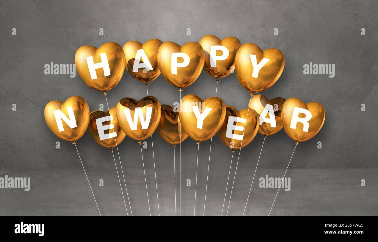Goldene Ballons in Herzform auf grauem Betonhintergrund. Horizontales Banner. 3D-Illustrationen rendern. Goldene Herzform für ein glückliches neues Jahr Stockfoto