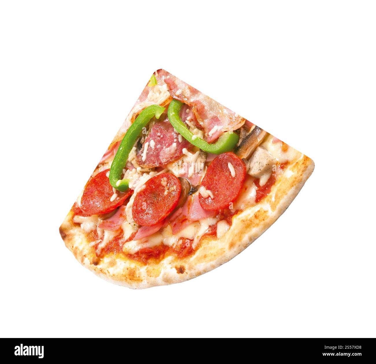 Schneiden Sie Stück Pizza isoliert auf weißem Hintergrund Stockfoto