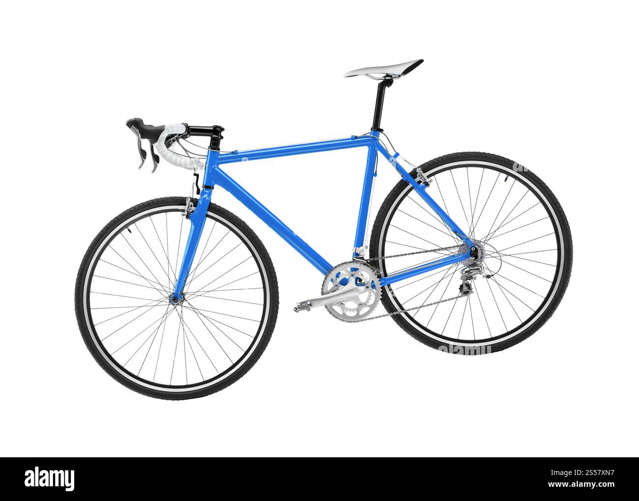 Blaues Sportfahrrad auf weißem Hintergrund Stockfoto