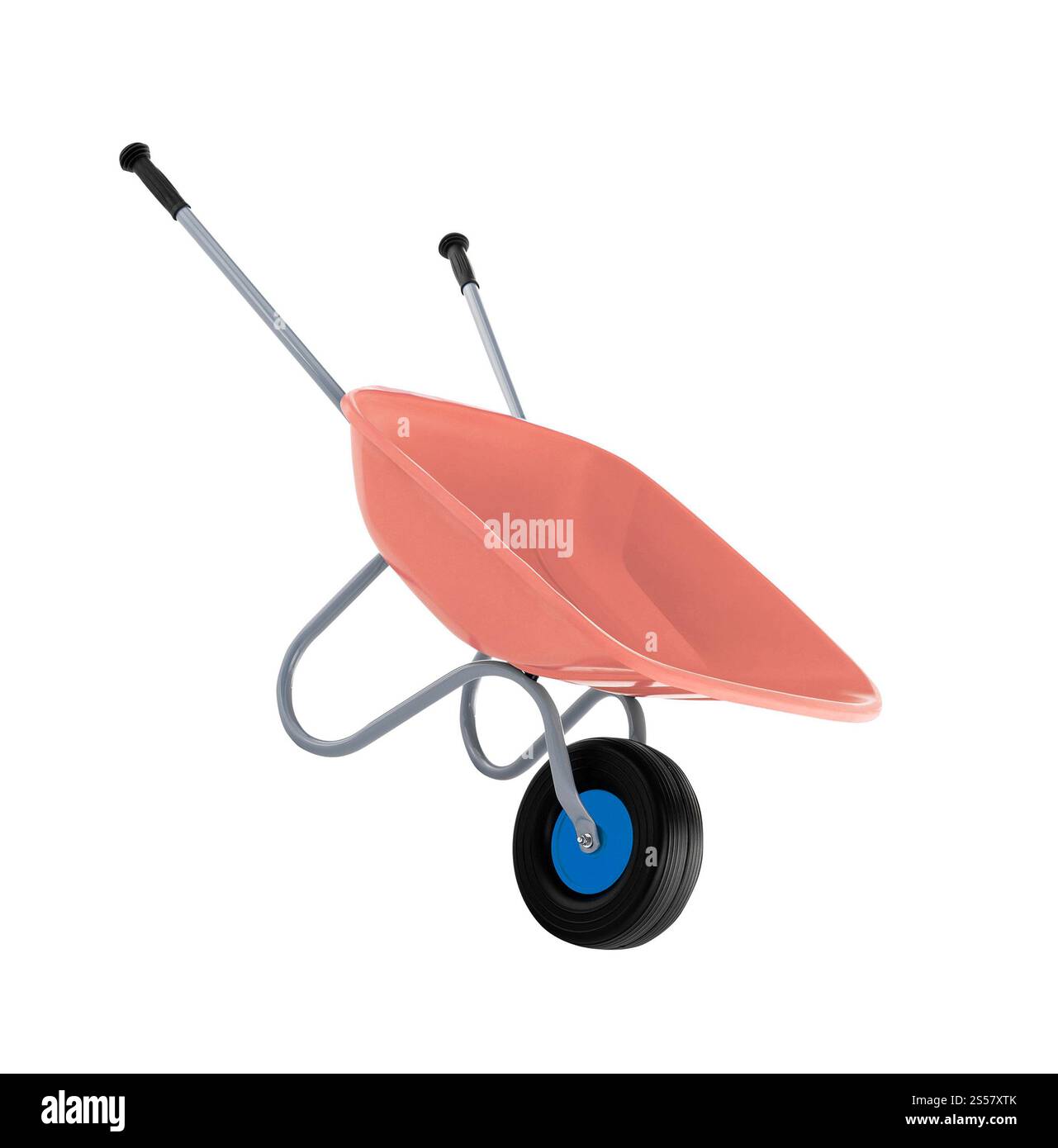 schubkarre, leerer Betonwagen isoliert auf weißem Hintergrund Stockfoto