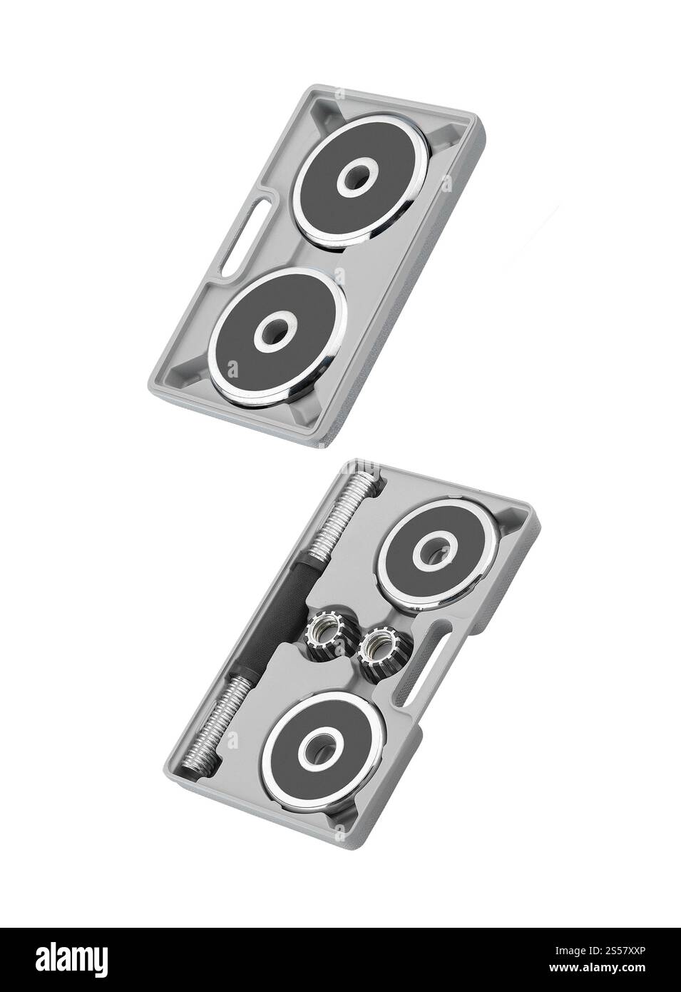 Kurzhanteln in einem grauen Gehäuse, isoliert auf weiß Stockfoto