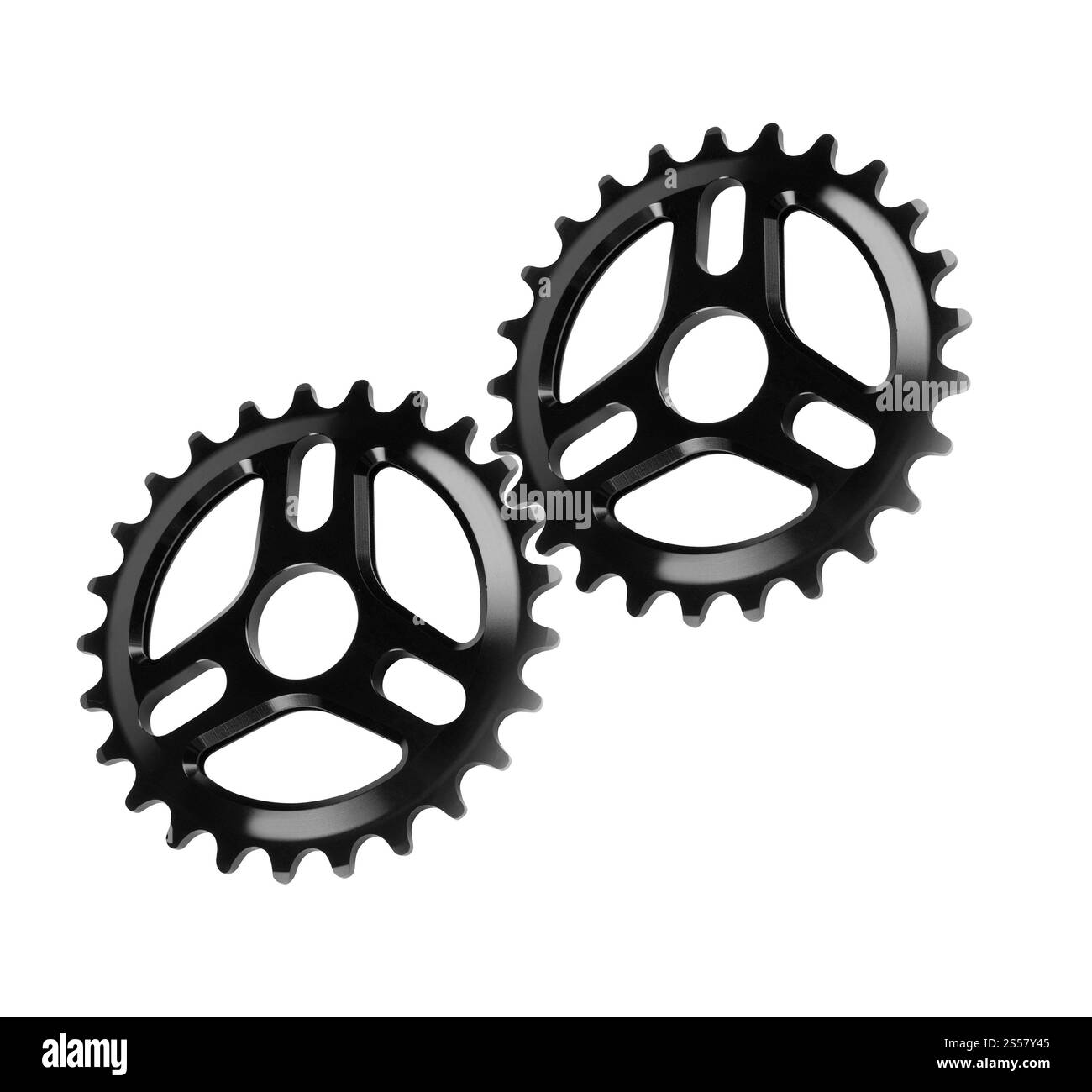 Fahrradgetriebe, Zahnräder aus Metall isoliert auf weiß Stockfoto