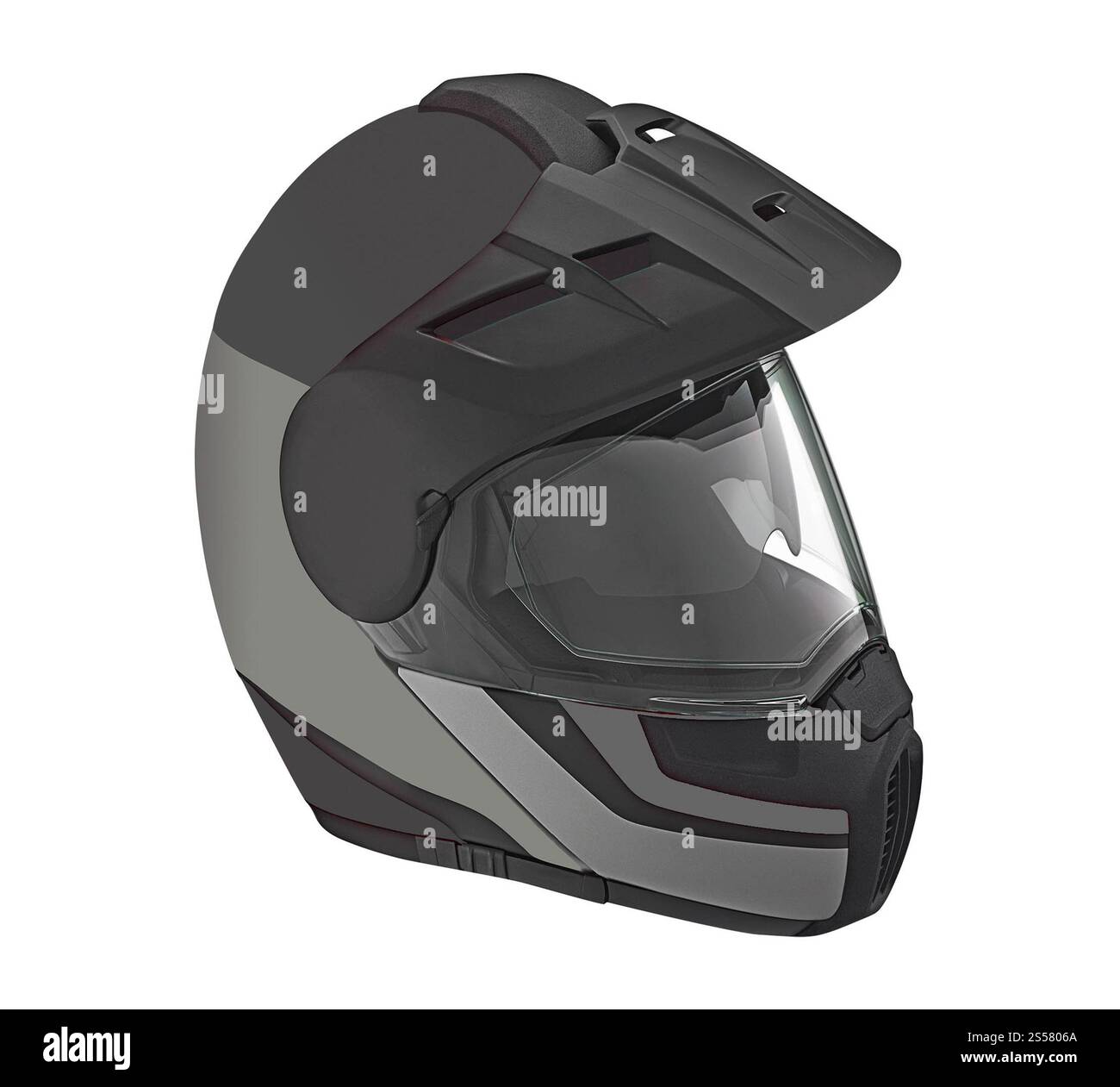 Motorradhelm für Straßensicherheit isoliert auf weißem Hintergrund. Motorradhelm für die Sicherheit im Straßenverkehr Stockfoto
