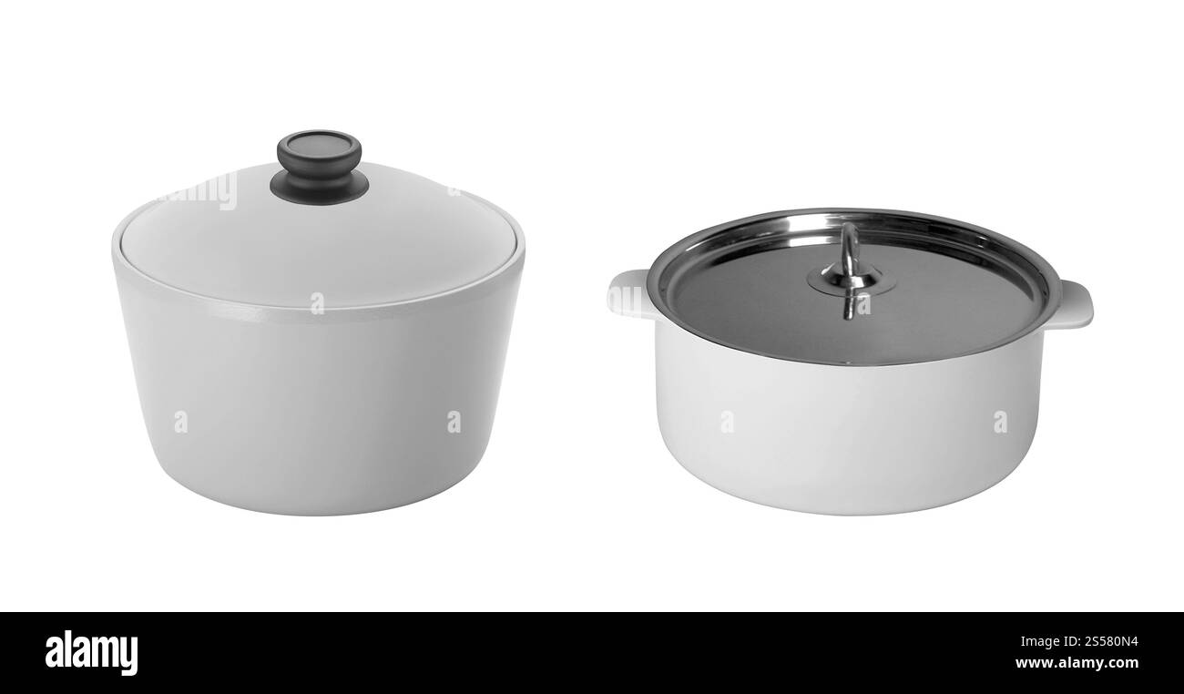 Große Kochtöpfe aus Edelstahl isoliert Stockfoto